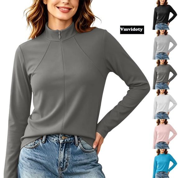 Athleisure Wear Long Sleeve Mock Neck Top for Women Full Zip Activewear Slim Fit Solid Breathable Stretchy Athletic Performance Training Tops Dark Gray L