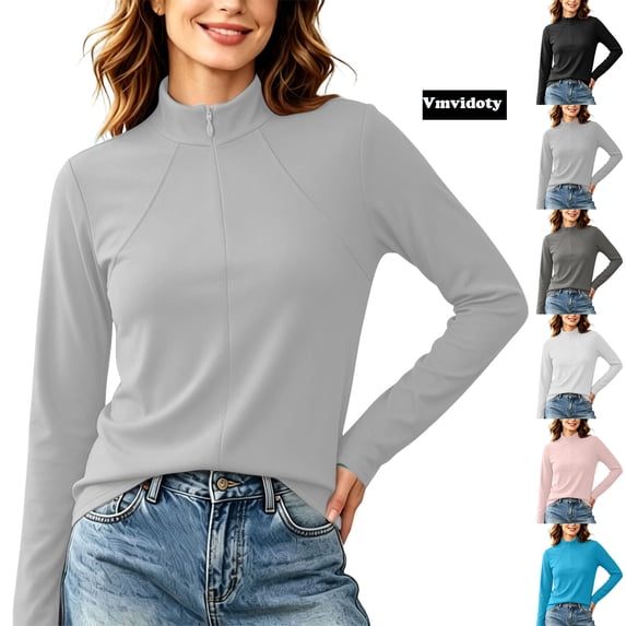 Athleisure Wear Long Sleeve Mock Neck Top for Women Full Zip Activewear Slim Fit Solid Breathable Stretchy Athletic Performance Training Tops Gray L