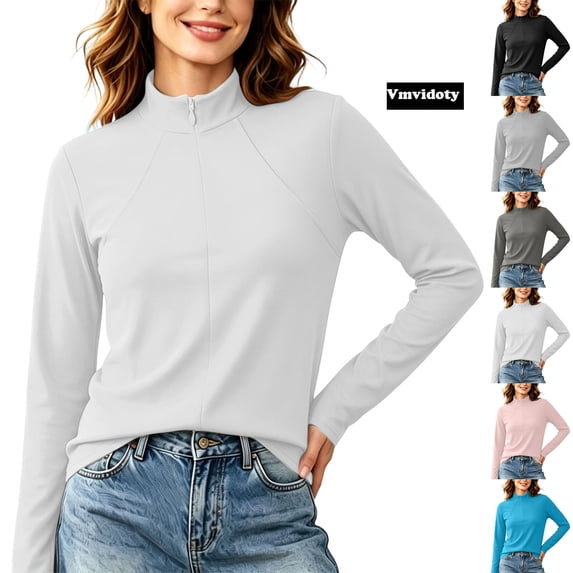 Athleisure Wear Long Sleeve Mock Neck Top for Women Full Zip Activewear Slim Fit Solid Breathable Stretchy Athletic Performance Training Tops White L