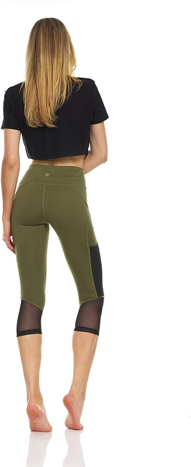 Athleisure Yoga Pants Phone Pocket high-Rise Gym Leggings Bottoms only  Olive Green Short Size Small 