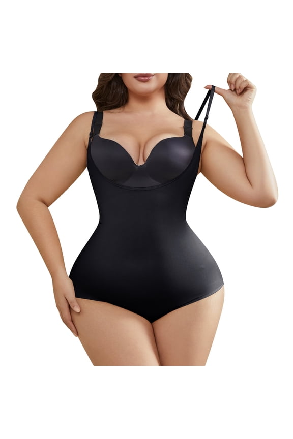 Plus Size Women's Shapewear Tummy Control Body Shaper Open-Bust Bodysuit Waist Trainer Black