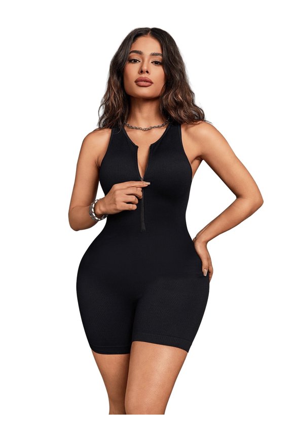 Women Rompers Sleeveless Zip Front Stretch Tummy Control Yoga Workout Rompers