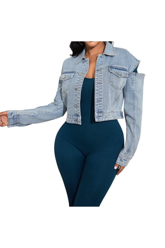 Women's Light Wash Cropped Denim Jacket Casual Long Sleeve Button Down Distressed Jean Coat