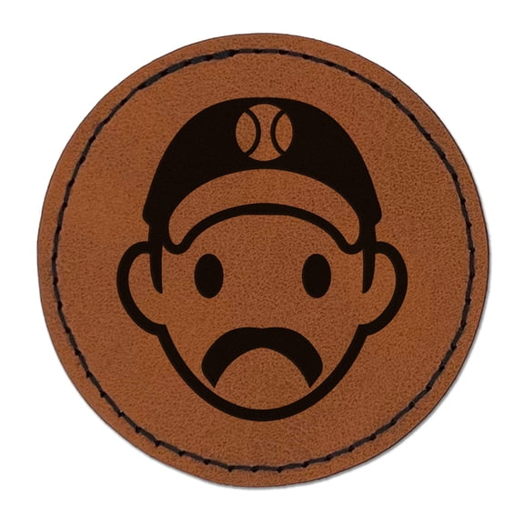 Athlete Baseball Man Icon 2.5" Faux Leather Round Engraved Iron-On Patch - Brown