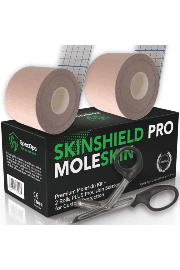 Athlete's Blister Prevention Moleskin Bundle Pack, 2 Rolls of Premium Thin Moleskin + Trauma Shears. (776 sq in)