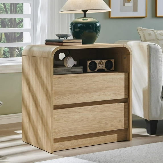 Athletgo 25" Nightstand with Charging Station, Curved Profile Design Wood Bedside Table, 2 Drawers