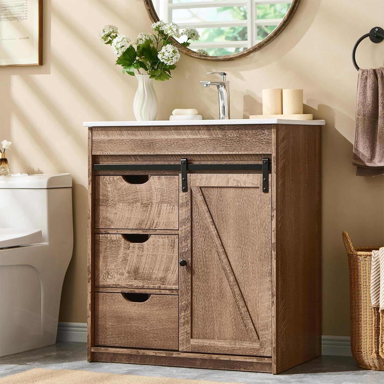 MIHOVER 30" Farmhouse Bathroom Vanity with Sink, Bathroom Dresser with 3 Drawers & Adjustable Shelves
