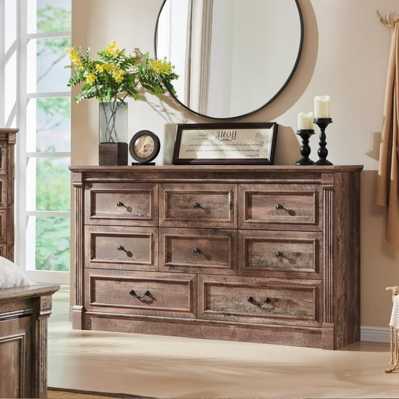 Athletgo 61" Farmhouse Dresser with 8 Drawers, Rustic Wood Closet Storage with Roman Column for Bedroom