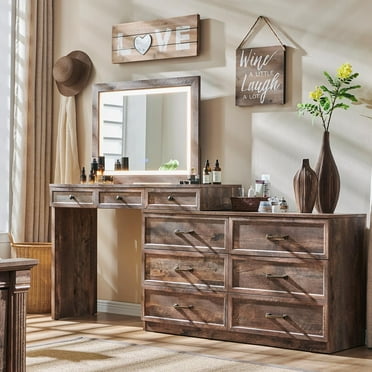 MIHOVER 69" W Big Vanity Desk with Glass Top, Farmhouse Makeup Table with 9 Large Storage Drawers, Rustic Wood Bedroom Dressing Table w/3 Color Available Light & 30" HD Led Mirror,White