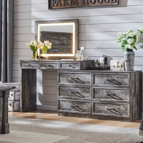 MIHOVER 69" W Big Vanity Desk with Glass Top, Farmhouse Makeup Table with 9 Large Storage Drawers, Rustic Wood Bedroom Dressing Table w/3 Color Available Light & 30" HD Led Mirror, Light Grey