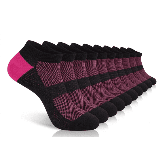 Athletic Ankle Socks for Men & Women 10 Pairs, Lightweight Breathable Socks for Sports, Fitness and Everyday Wear, Black/LightRed, Shoe Size 6-9