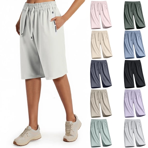 Athletic Bermuda Shorts for Women Knee Length Elastic Waisted Summer Casual Drawstring Workout Shorts with Pockets Light Gray XXL