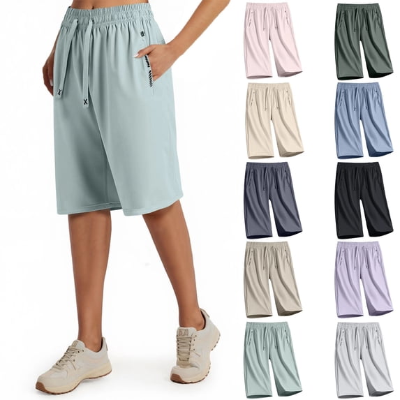 Athletic Bermuda Shorts for Women Knee Length Elastic Waisted Summer Casual Drawstring Workout Shorts with Pockets Light Green S