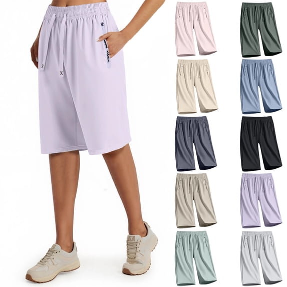 Athletic Bermuda Shorts for Women Knee Length Elastic Waisted Summer Casual Drawstring Workout Shorts with Pockets Light pink L