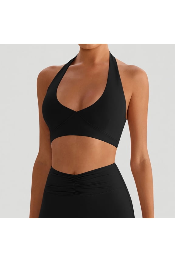 Athletic Bras for Womens Halter Neck Backless Sexy Bra High Elasticity Push Up Tight Tops with Removable Padded Bra Black M