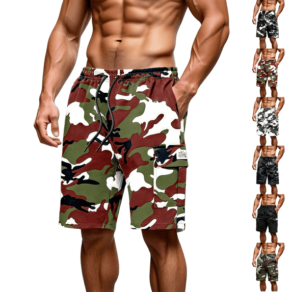 Athletic Camo Cargo Shorts Mens Elastic Waistband Drawstring Summer Casual Cotton Big & Tall Relaxed Fit Work Shorts Green L