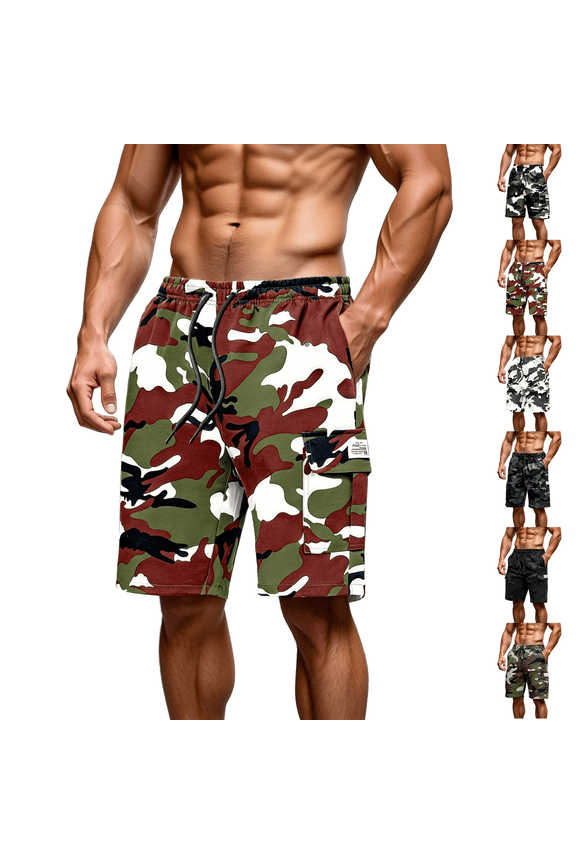 Athletic Camo Cargo Shorts Mens Elastic Waistband Drawstring Summer Casual Cotton Big & Tall Relaxed Fit Work Shorts Green L
