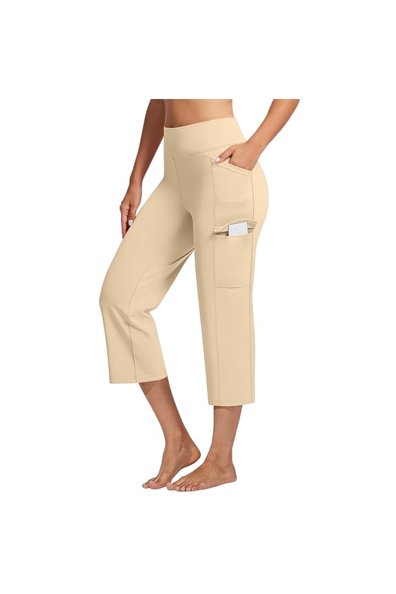 Athletic Capri Pants for Women Petite High Waisted Non-Slip Crossover Cargo Yoga Pull On Pants Straight Leg Workout Crop Trousers with Pockets Beige S