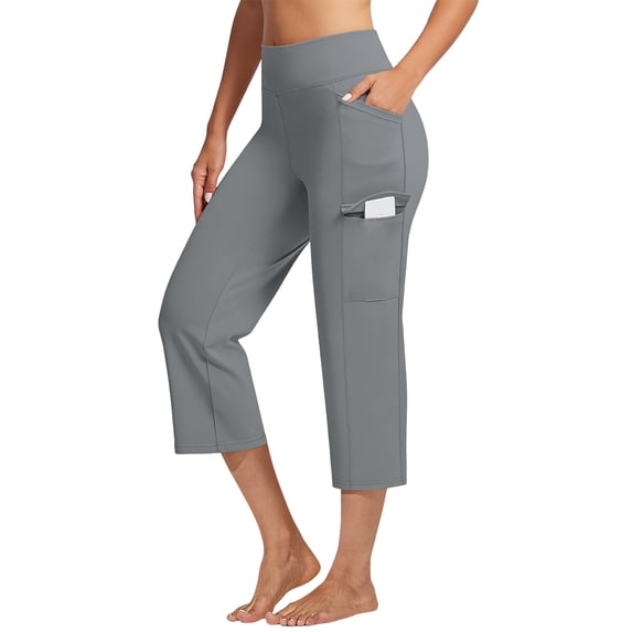 Athletic Capri Pants for Women Petite High Waisted Non-Slip Crossover Cargo Yoga Pull On Pants Straight Leg Workout Crop Trousers with Pockets Dark Gray S