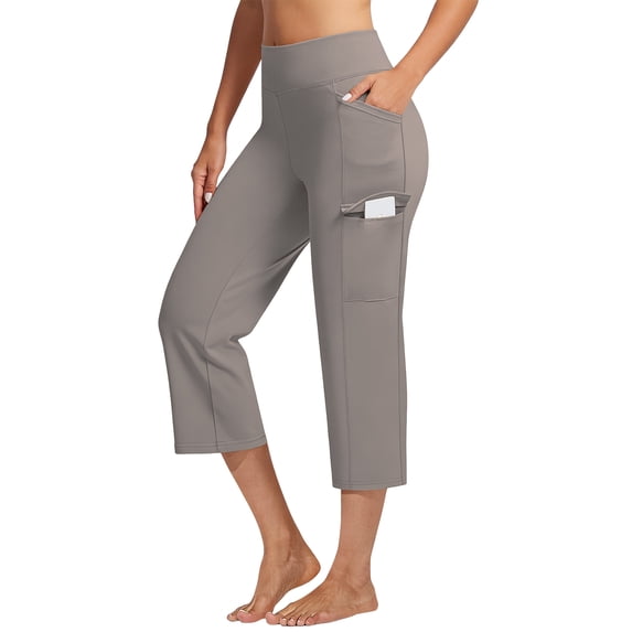 Athletic Capri Pants for Women Petite High Waisted Non-Slip Crossover Cargo Yoga Pull On Pants Straight Leg Workout Crop Trousers with Pockets Light Gray XL