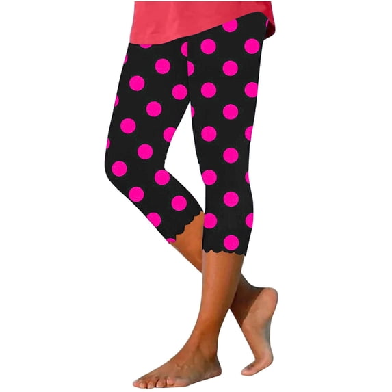 Athletic Capris Pants for Women Summer Tight Point Print Elastic Waist Trousers Lightweight Workout Slimming Bottoms, Hot Pink, M