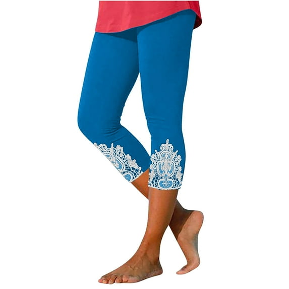 Athletic Capris for Women Plus Size New Leggings for Women Lace Capris Leggings Slim Fitted Yoga Pants Soft Lace Stretch Crop Tights for Workout Running Light Blue S
