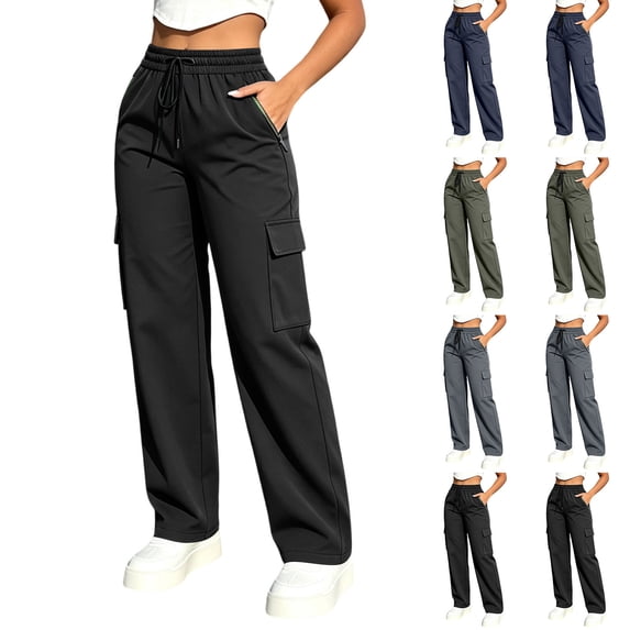 Athletic Cargo Pant For Womens Liweisiy Drawstring Elastic Waisted Straight Leg Loose Pants Camping Outdoor Trousers With Zipper Pockets Army Green L