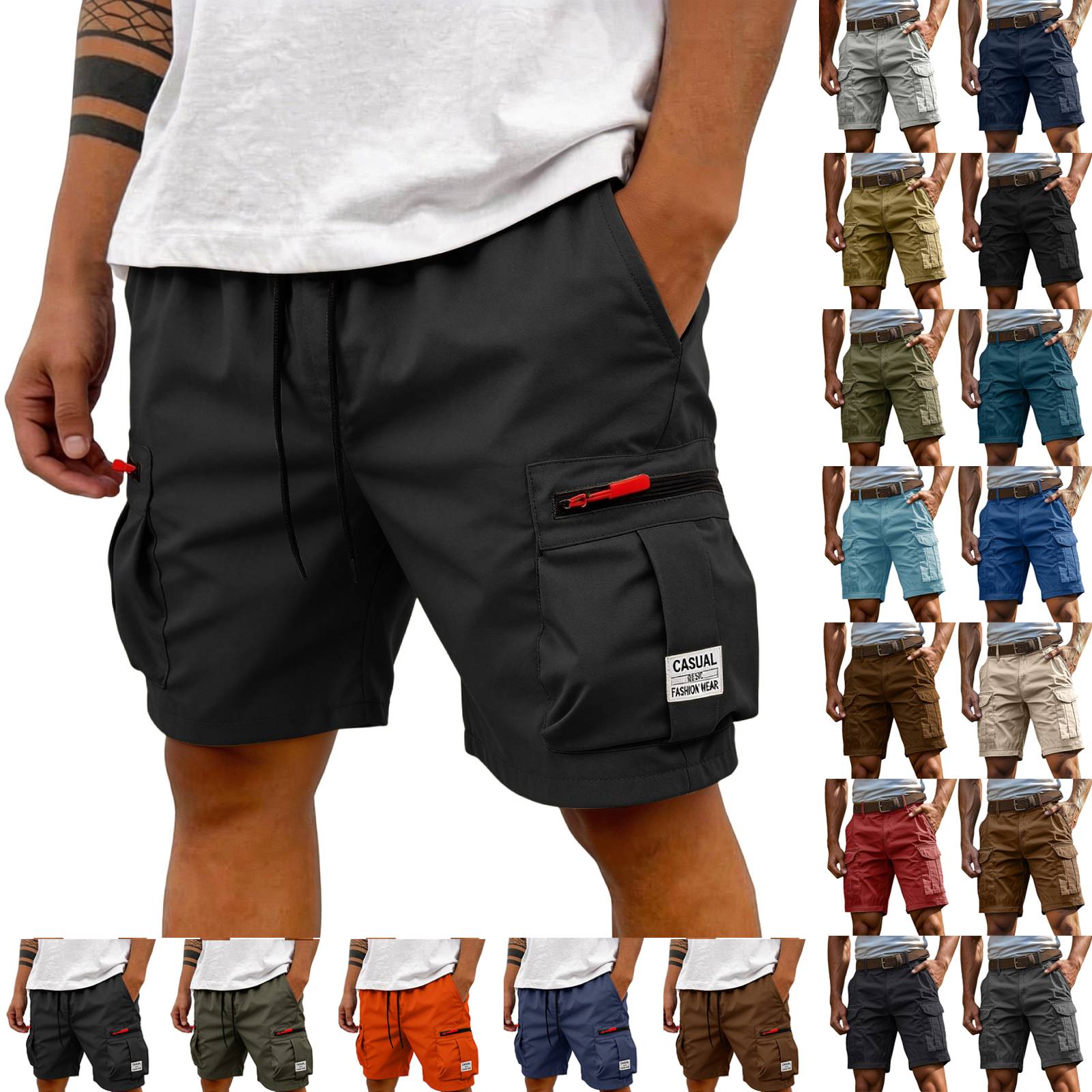 Athletic Cargo Shorts Men Summer Lightweight Elastic Waist Knee Length Stretch Pull On Bottom Workout Outdoor Hiking Pants Multi Pockets Black XL