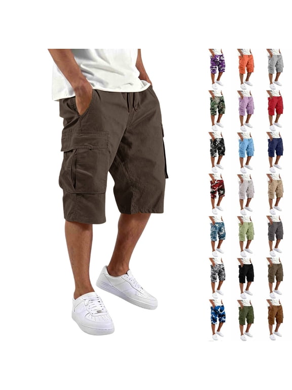 Athletic Cargo Shorts Mens Cotton Twill Drawstring Casual Classic Chino Stretch Short with Pockets Brown L