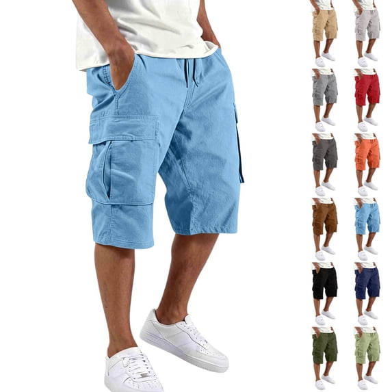 Athletic Cargo Shorts Mens Cotton Twill Drawstring Casual Classic Chino Stretch Short with Pockets Sky Blue 4XL