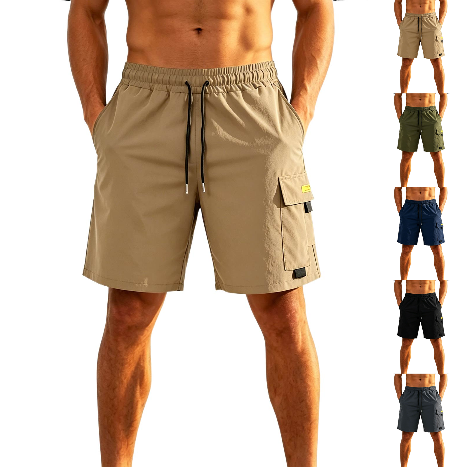 Athletic Cargo Shorts Mens Daily Casual Summer Twill Drawstring Classic Chino Stretch Short with Pockets Khaki S