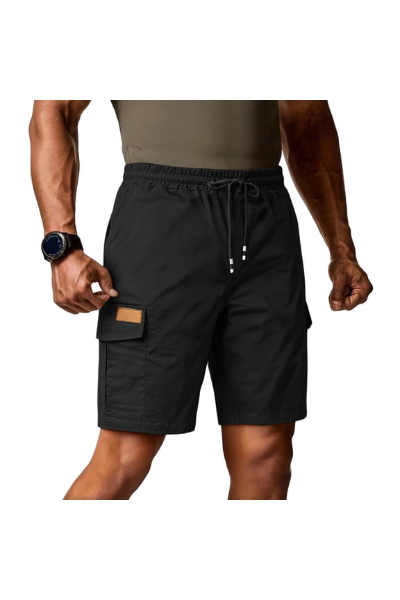 Athletic Cargo Shorts for Men Quick Dry Drawstring Elastic Waist Relaxed Fit Summer Breathable Outdoor Hiking Beach Work Shorts Multi-Pocket Black M