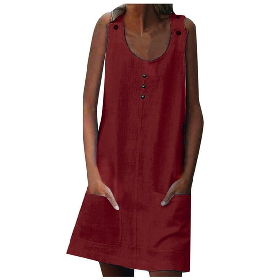 Athletic Dress For Women Sevevn Women's Summer Comfortable Casual Solid Sleeveless Round Neck Button Pocket Dress Short Dress Womens Summer Dresses