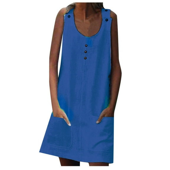 Athletic Dress For Women Sevevn Women's Summer Comfortable Casual Solid Sleeveless Round Neck Button Pocket Dress Short Dress Womens Summer Dresses