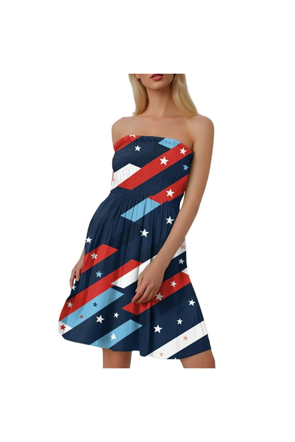 Athletic Dress For Women, 4Th Of July Strapless Dress Pleated Beach Boho Smocked Tube Top Dress Wedding Guest Women Dress Pants Spring Break Dresses The Groom Romper Dresses (XXL, Blue) ZMTing