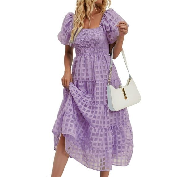 Athletic Dress For Women, Smocked Long Dress Puff Short Sleeved Checkered Sheer Lace A Line Flowy Maxi Dress Wedding Women Sweet 16 Dresses Cute Mexican Dress Work Dresses (M, Light Purple) ZMTing