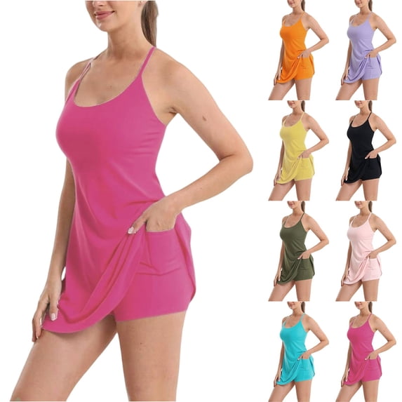 Athletic Dress for Women Tennis Dress with Built-in Shorts and Bra, Workout Golf Summer Dresses with Pockets Cyan M