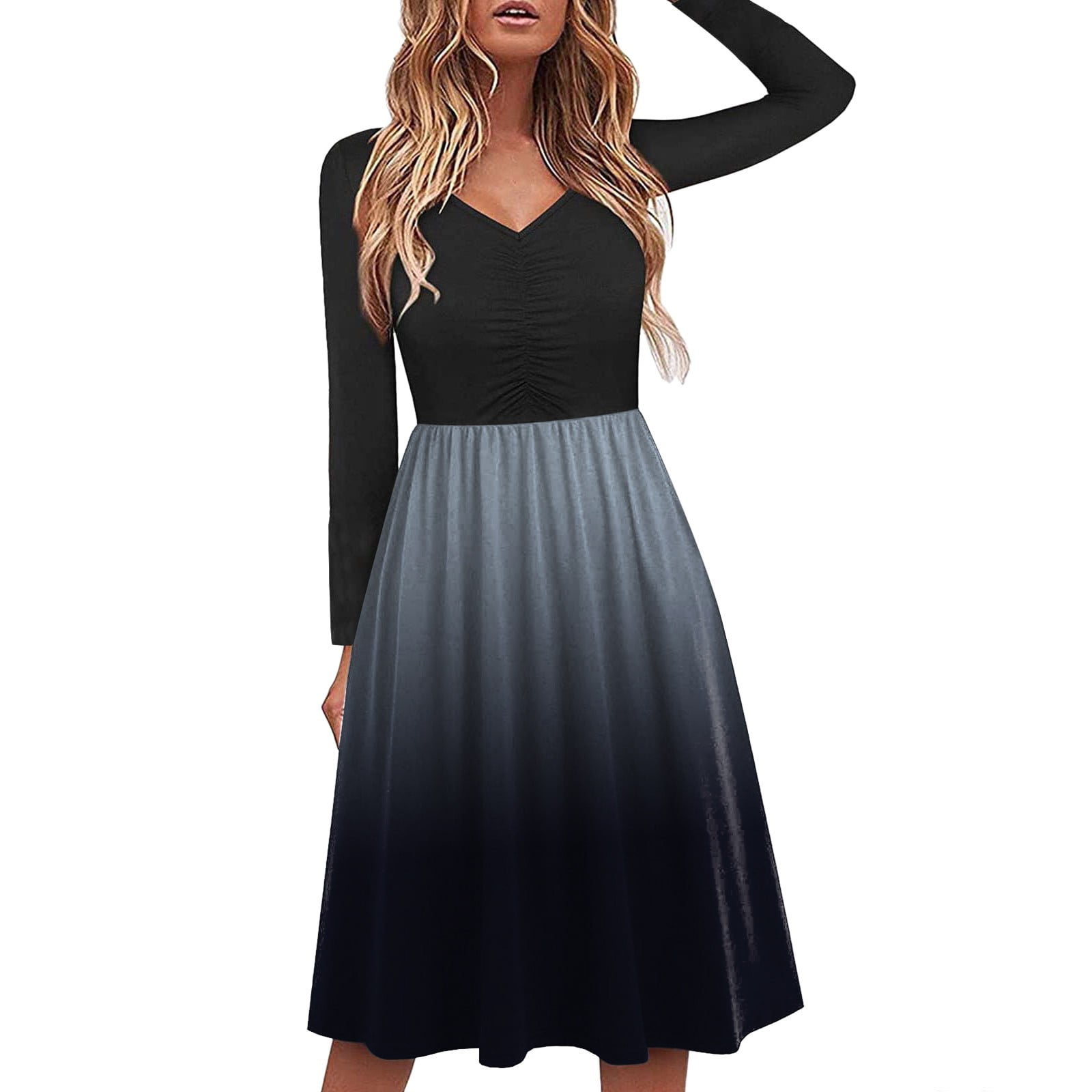 Athletic Dress for Women Women's Solid Long Sleeved V Neck Knee Length