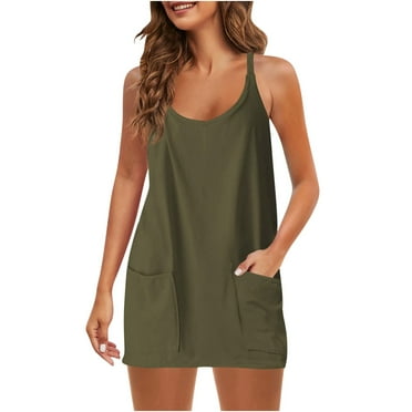 Athletic Dresses for Women Hot Shot Mini Dress Oversized Sleeveless Spaghetti Straps Tennis Dress with Pockets for 2025 Summer Vacation