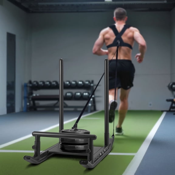 Athletic Exercise Speed Sled with Handle, Steel Power Training Sled for Strength & Conditioning, Fits 1/2" Weight Plates, Black Fitness Equipment
