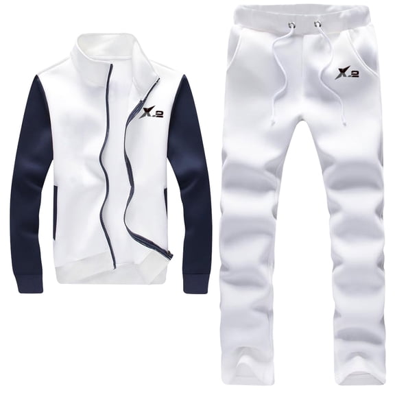 Athletic Full Zip Fleece Tracksuit Jogging Activewear Navy-Sleeve White X-Large