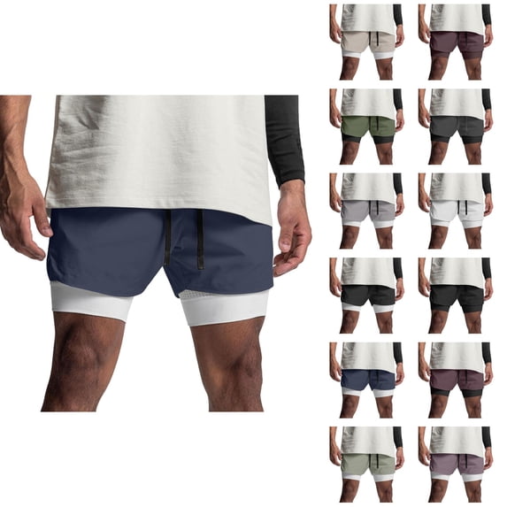 Athletic Gym Shorts Men 2 in 1 Summer Elastic Waist Breathable Workout Running Shorts with Compression Liner Pockets