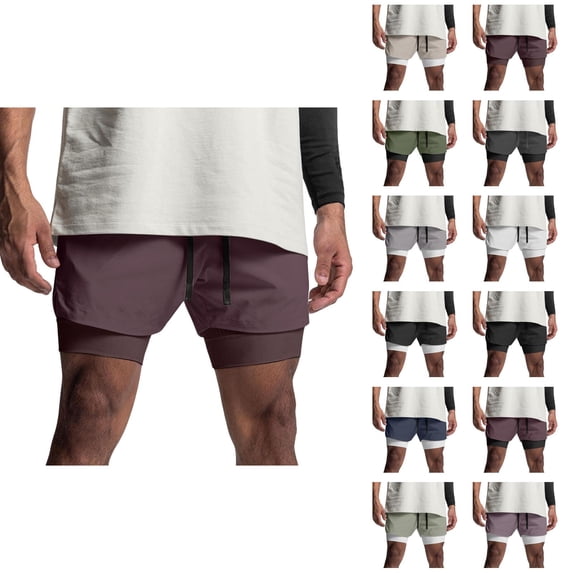 Athletic Gym Shorts Men 2 in 1 Summer Elastic Waist Breathable Workout Running Shorts with Compression Liner Pockets
