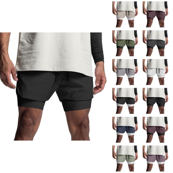 Athletic Gym Shorts Men 2 in 1 Summer Elastic Waist Breathable Workout Running Shorts with Compression Liner Pockets
