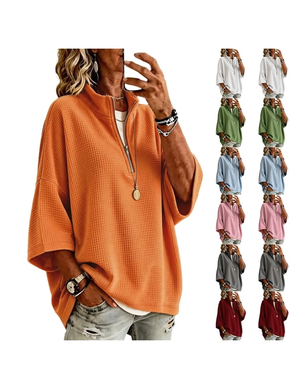 Athletic Half Zip Waffle Knit Top for Women Three Quarter Sleeve Stand Collar Oversized Loose Fit Casual Sport Quarter Zip Pullover Sweatshirt