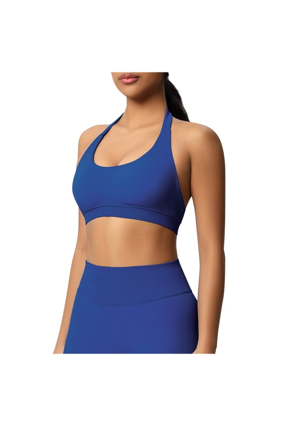 Athletic Halter For Women Crew Neck Sleeveless Cropped Tank Tops Seamless Push Up Fitness Clothes Slim Fit (M, Blue)