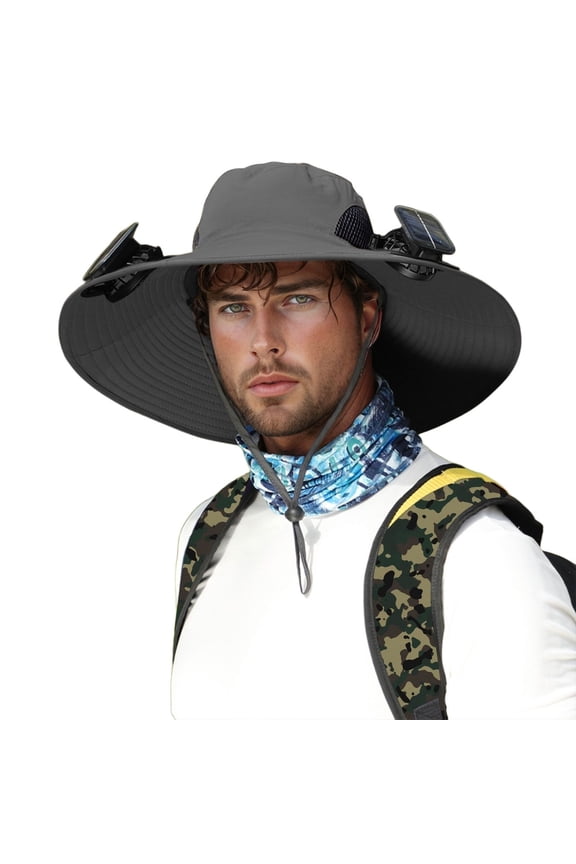 Athletic Hats for Women Charging Detachable Solar Fan Large Brim Climbing Fishing Golf Hat for Men,Grey,One Size