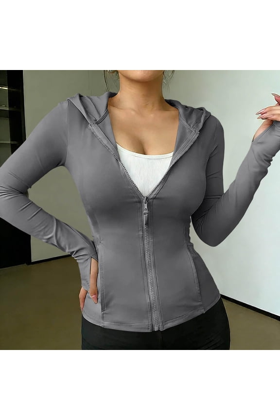 Athletic Jacket Womens Hooded Slim Fit Zip Up Workout Lightweight Hoodie Yoga Tops Slim Fit Casual Activewear Gray S