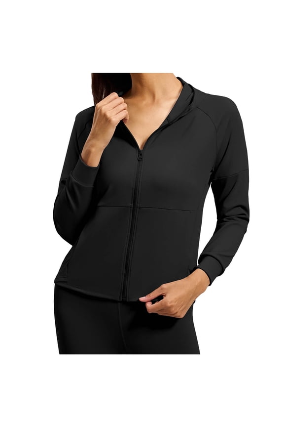 Athletic Jackets For Women Hooded Full Zip Long Sleeve Cardigan Stretchy Casual Slimming Fitness Outwear With Pockets (S, Black)