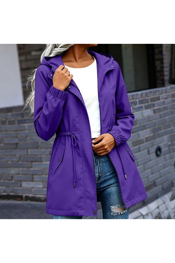 Womens Waterproof Rain Jackets Lightweight Zipper Up Windproof Raincoats Womens Solid Loose Fits Comfy Softshell Windbreaker Jacket Outdoor Hiking Travel Hooded Coat
